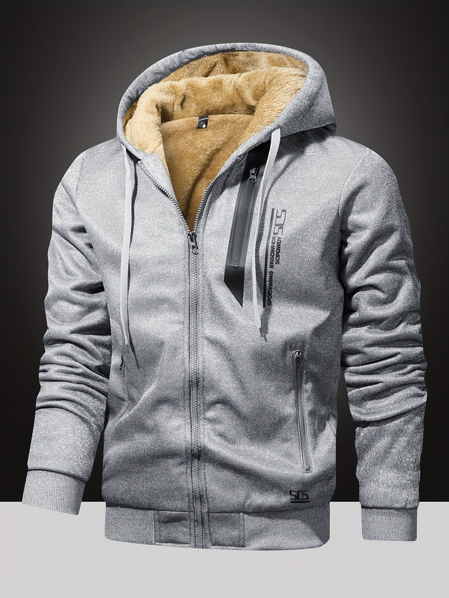 Men's Winter Fleece Lined Hooded Jacket With Zipper Closure