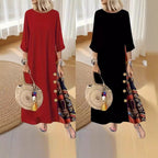 Floral Print Contrast Color Button 34 Sleeve Round Neck Dress