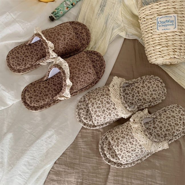 Home Style Vintage Floral One Word Four Seasons Universal Cotton Slippers Female Hover Image
