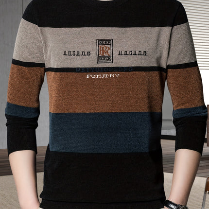 Men's Polyester Knit Sweater Striped Crew Neck Fall Winter