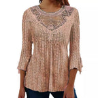 2023 Summer New Comfortable Leisure Hollow Out Perspective Lace Splicing Seven Quarter Sleeve Top