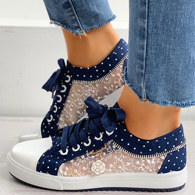Floral Embroidered Polka Dot Print Sneakers Hover Image