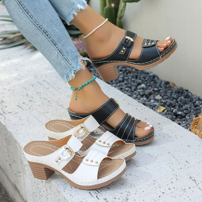 Open Toe Chunky Heel Embossed Outdoor Slippers Hover Image