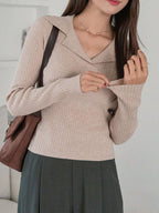 V-neck Hemmed Pullover Sweater Vertical Pattern Sunken Stripe Solid Color