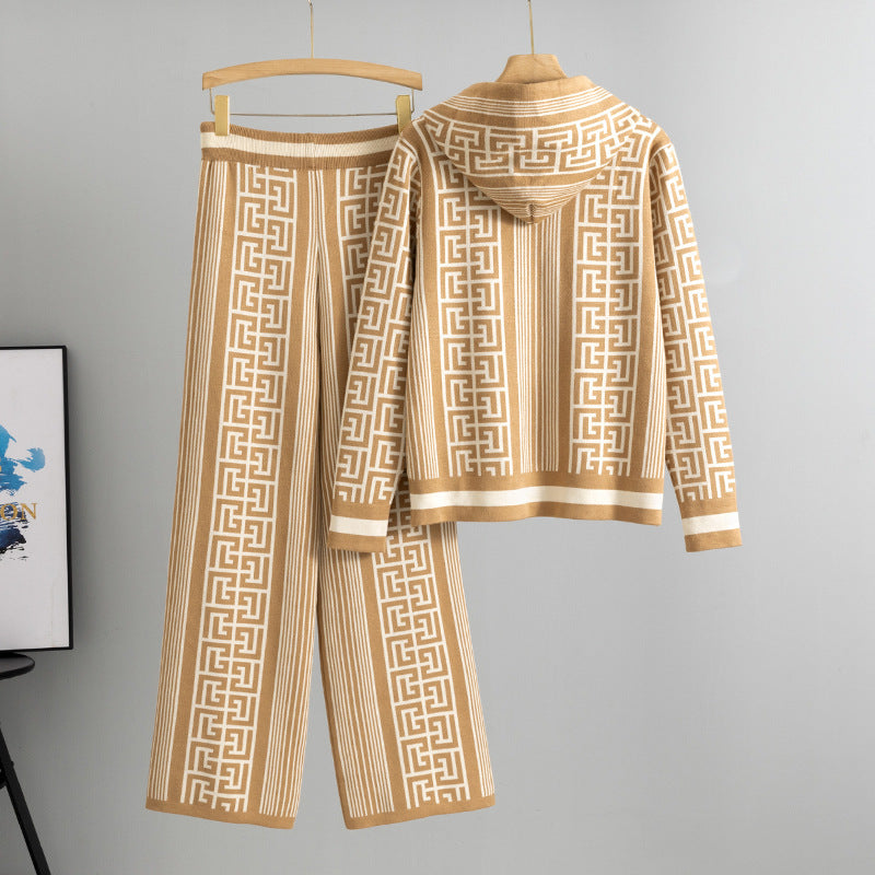 Temperament Hooded Sweater Younger Pullover Wide Leg Pants Knitting Suit