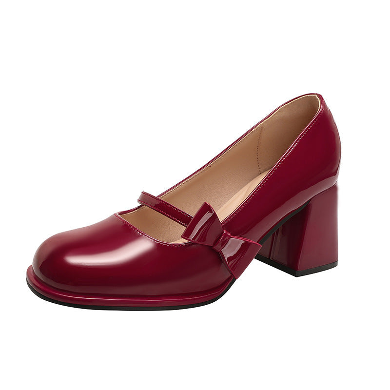 Chunky Heel Round Toe Wedding Temperament Red Mary Jane Shoes