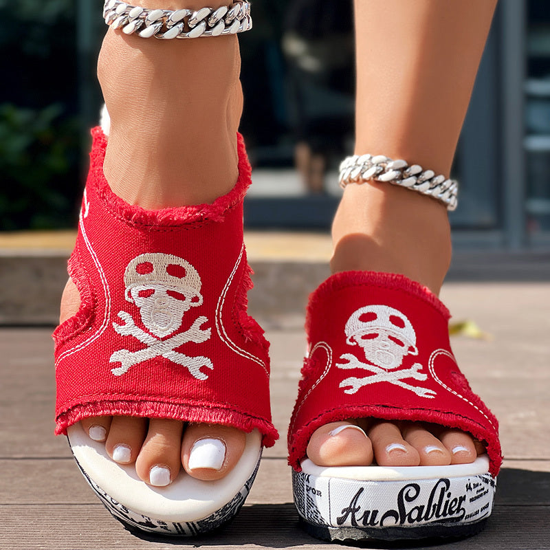 Newspaper Skull Original Hem Platform Wedge Slides - Anklet Not Included
