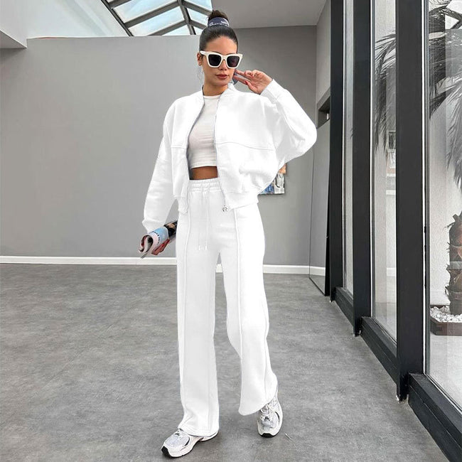 Fleece Zipper Cardigan Women's Clothes Fashion Casual Straight Pants Suit Hover Image