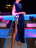 Navy Blue Velvet Gown With White Bow And High Slit Detail