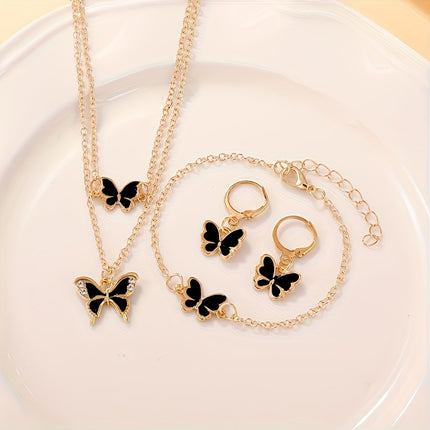 Rose Gold Butterfly Set 4Pc Necklace Earrings Bracelet