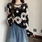 Hollow Crocheted Round Neck Long Sleeve Knitted Sweater
