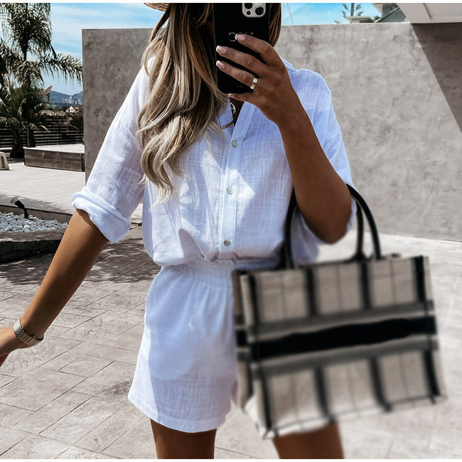Women's Linen Shorts Suit Lapel Shirt Main Image