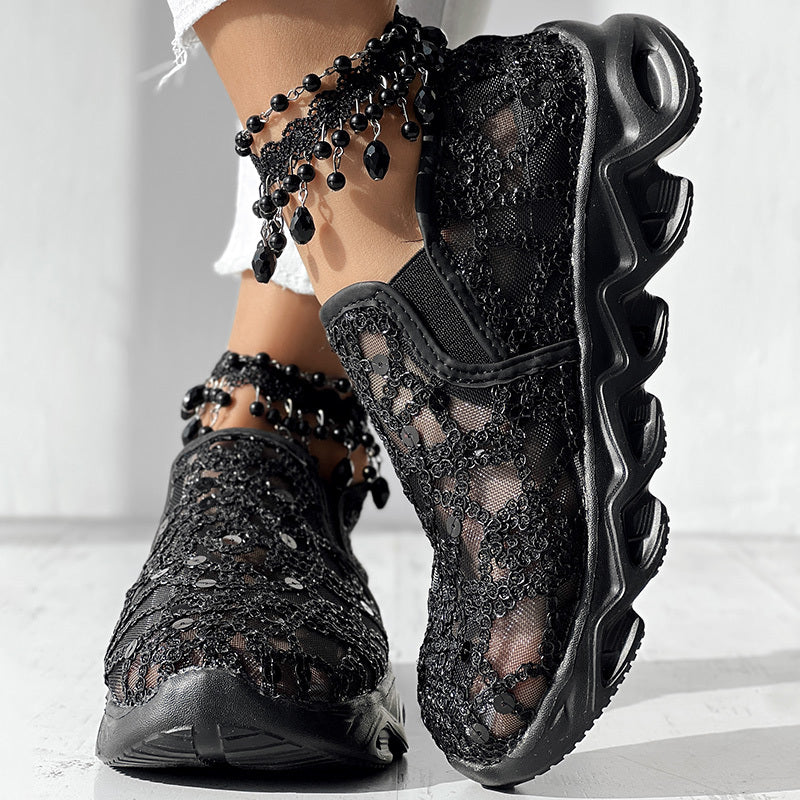 Contrast Glitter Transparent Mesh Patch Breathable Sneakers - Without Ankle Strap