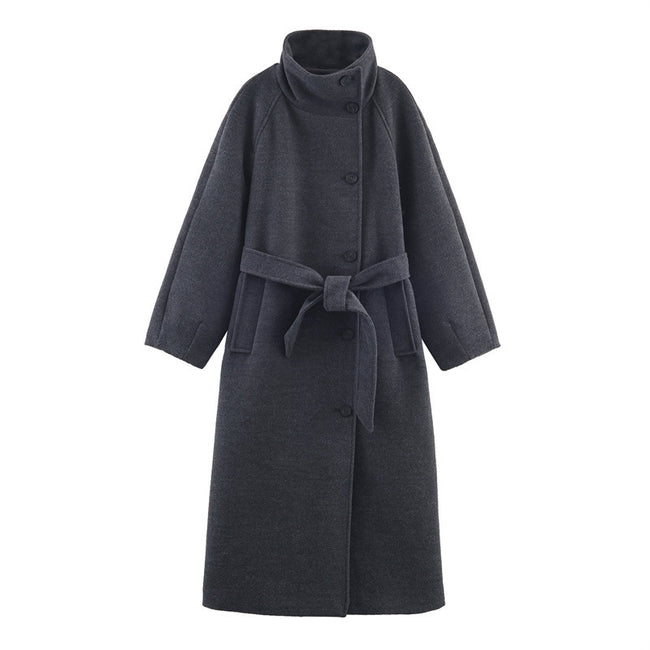 Women's Stand Collar Belt Overcoat Coat Hover Image