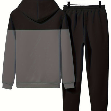 Mens Fall Polyester Hooded Sweatsuit Set Patchwork Print