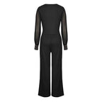 Women's Elegant V Neck Mesh Long Sleeve Loose Wide Leg Romper Party Jumpsuits With Rivet Cuffs