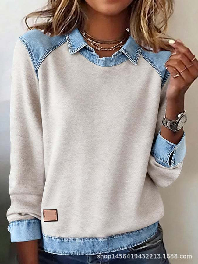 Denim Collar Long Sleeve Pullover Patchwork Knitwear Top Main Image
