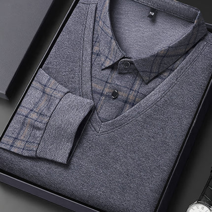 Men Long Sleeve Faux Two Piece Polo Shirt For Spring Fall