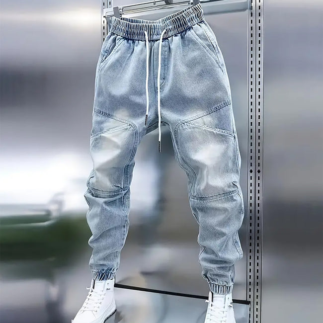 Men's New Light Blue Jeans Elastic Ankle Banded Pants Hover Image