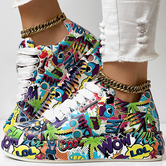 Women's Casual Round Toe Thick Sole Lace-Up Sneakers, Random Print Design, Comfortable Sporty Shoes For Daily Wear Hover Image