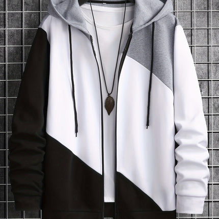 Men's Stylish Zip Front Hoodie With Pockets Color Block