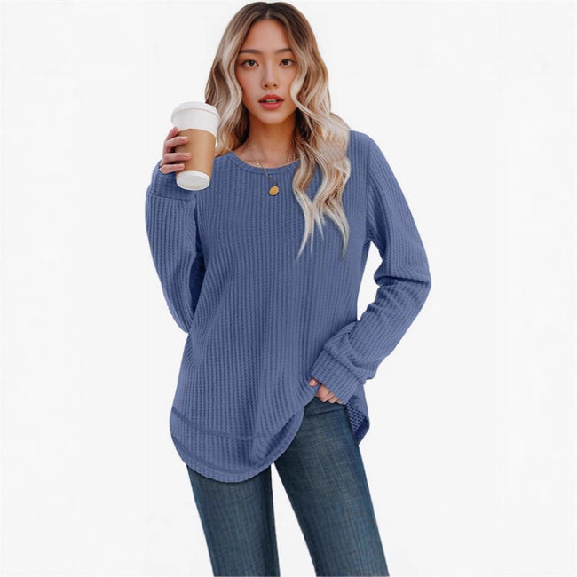Waffle Loose Round Neck High And Low Curved Hem Top Main Image