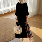 Floral Print Contrast Color Button 34 Sleeve Round Neck Dress