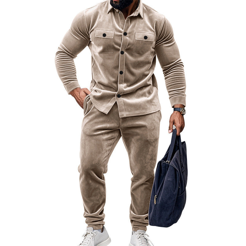 Men's Suede Solid Color Single-breasted Tooling Cardigan Two-piece Set