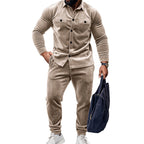 Men's Suede Solid Color Single-breasted Tooling Cardigan Two-piece Set