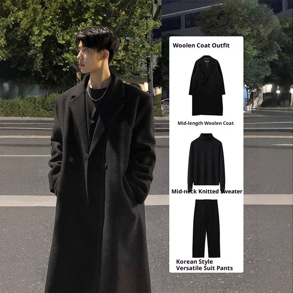 Mid-length Thick Loose Below The Knee Korean Style Trench Coat Suit Woolen Coat