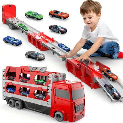 Red Transport Truck Toy Set With 6 Cars And Double Track