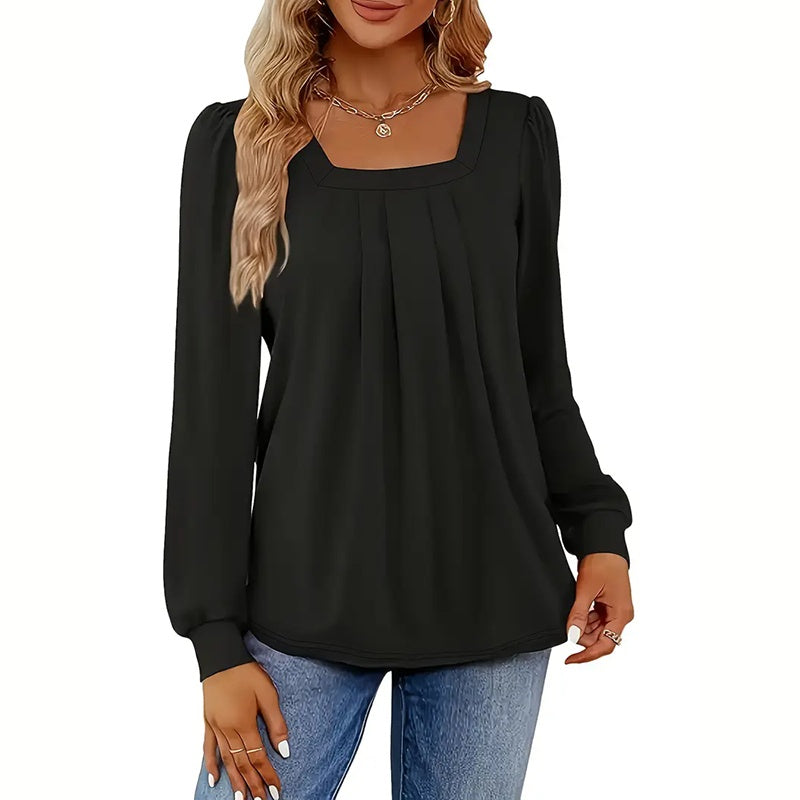 2-Pack Women's Puff Sleeve Square Neck Blouse, Fall Trendy Pleated Tunic Top, Dressy Casual Long Sleeve Work Shirt