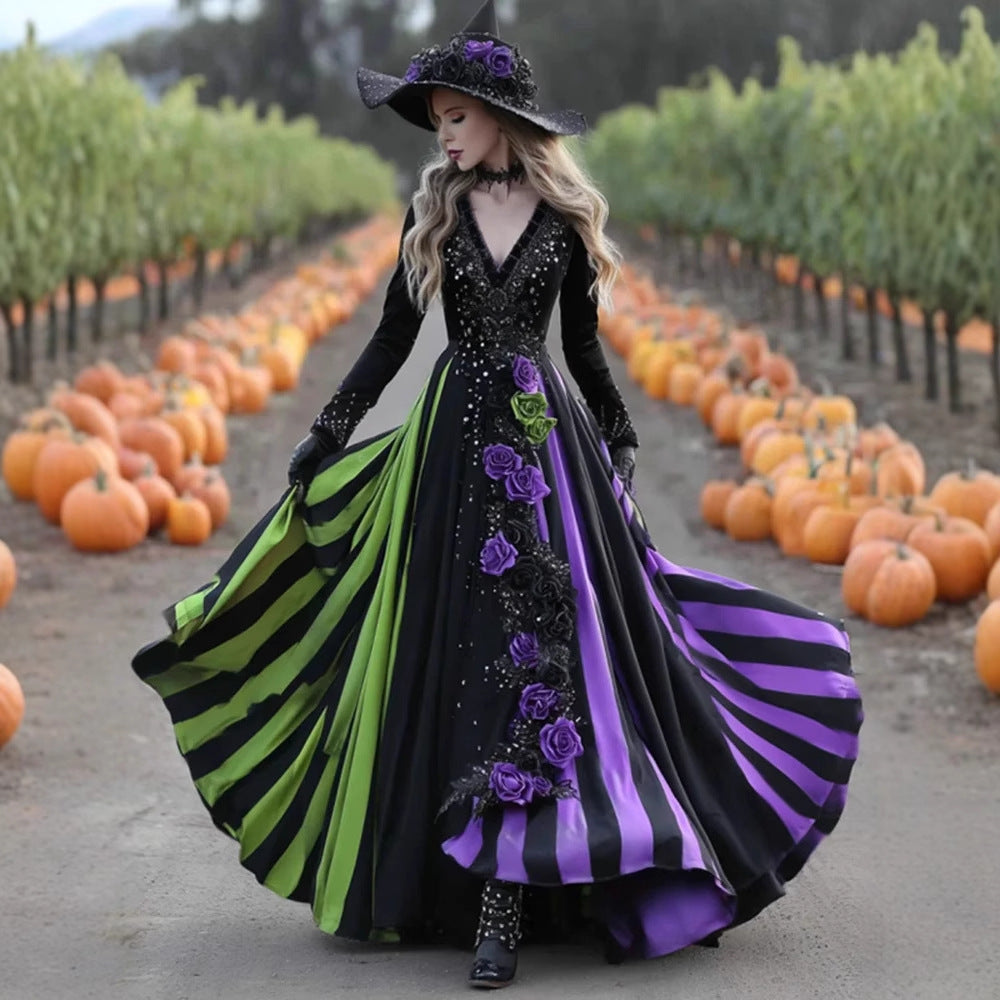 V-neck Long Sleeve Dress Large Swing Dress Halloween Dress