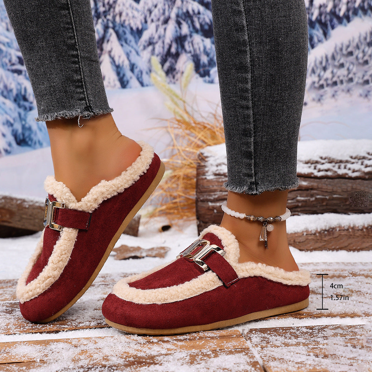 Women's Flat Lamb Wool Slippers Winter New Birkenstock Closed Toe Fluffy Shoes Lazy Cotton Slippers