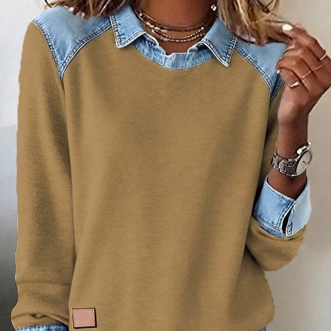 Denim Collar Long Sleeve Pullover Patchwork Knitwear Top Hover Image