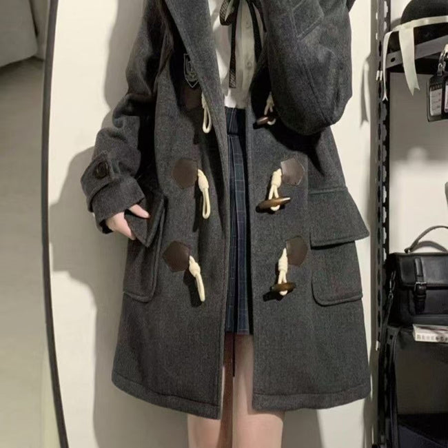 Japanese Jk Hooded Horn Button Woolen Coat Main Image