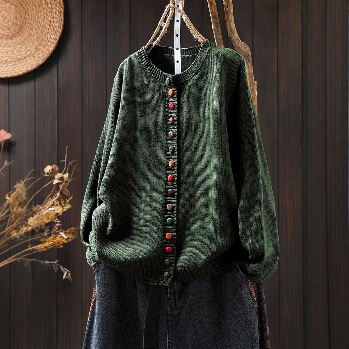 Women's Colorful Button Cotton Sweater Cardigan Loose-fitting Slimming Coat