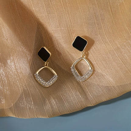 Black Square Geometric Dangle Earrings Alloy With Sparkles
