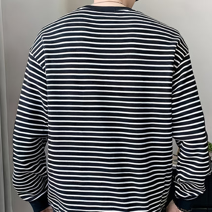 Mens Casual Striped Crew Neck Sweatshirt Embroidered Chest