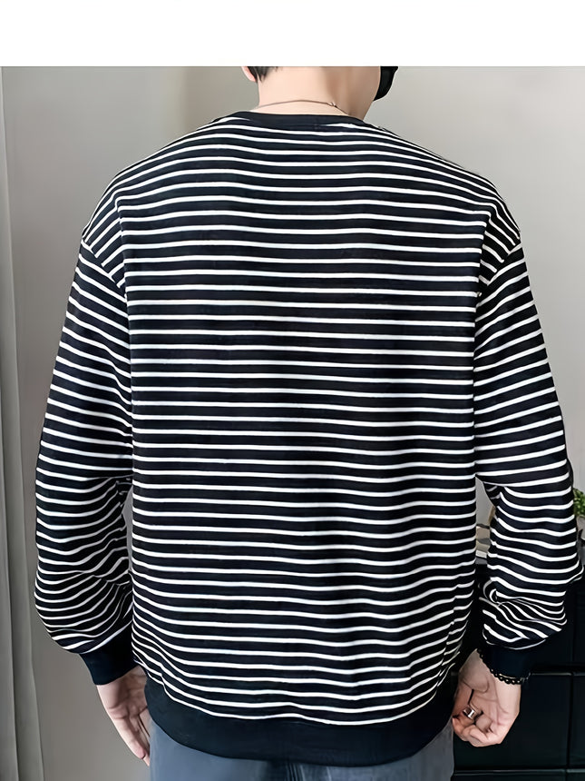 Mens Casual Striped Crew Neck Sweatshirt Embroidered Chest
