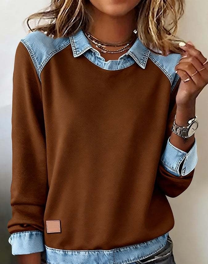 Denim Collar Long Sleeve Pullover Patchwork Knitwear Top
