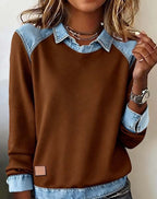 Denim Collar Long Sleeve Pullover Patchwork Knitwear Top