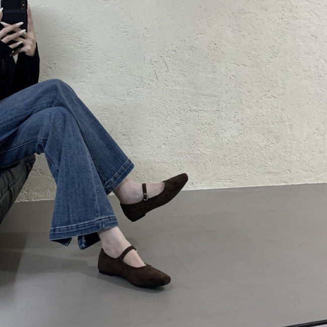 Vintage Suede Black Leather Flat Shoes Women's Buckle Comfortable Soft Bottom Main Image