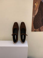 Vintage Suede Black Leather Flat Shoes Women's Buckle Comfortable Soft Bottom