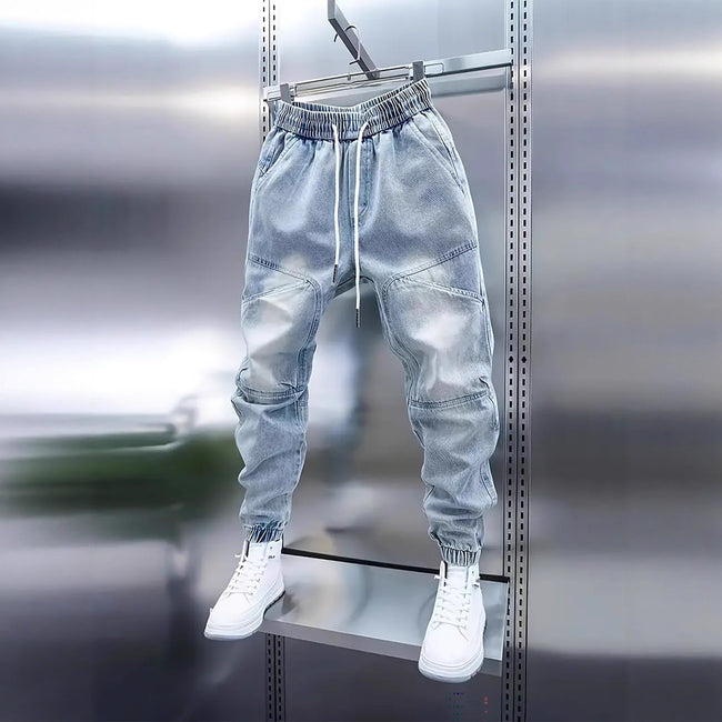 Men's New Light Blue Jeans Elastic Ankle Banded Pants Main Image