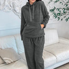Medium Grey Fuzzy Drawstring Hoodie Lounge Pants 2pcs Set