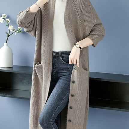 Women's Elegant Long Coat With Front Button Closure Pockets