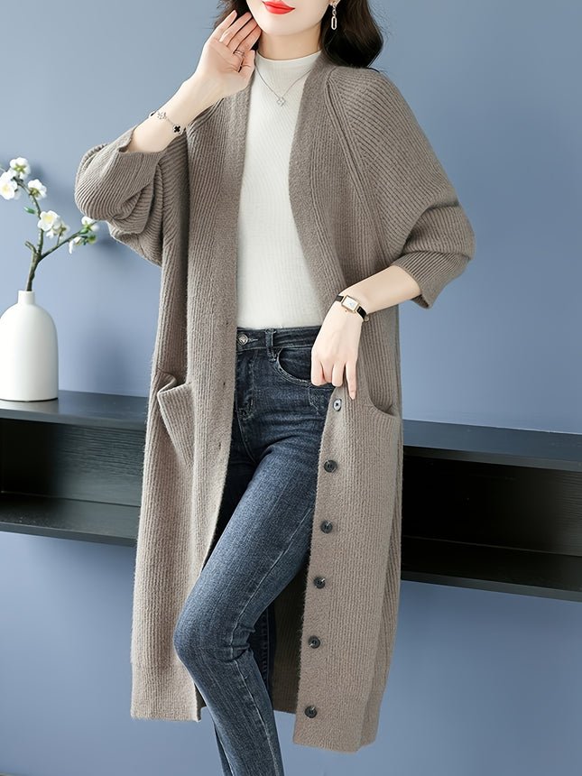 Women's Elegant Long Coat With Front Button Closure Pockets