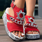 Newspaper Buckle Denim Wedge Slides - Anklet Not Included