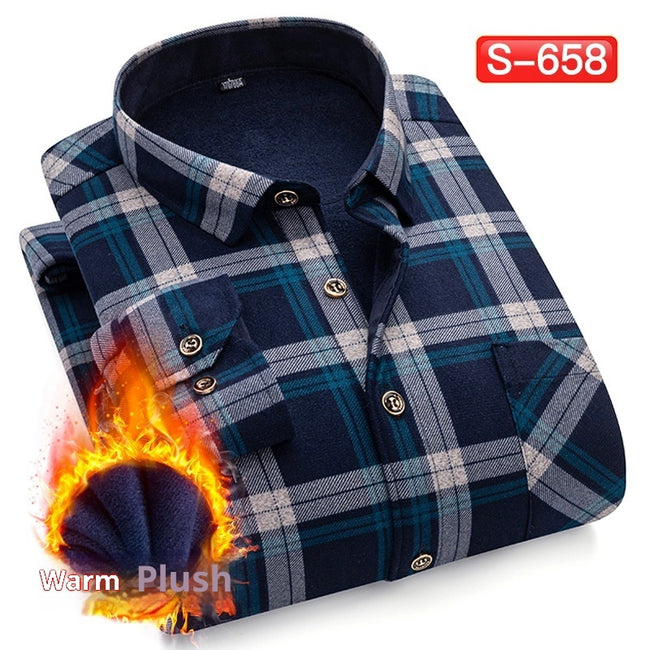 Autumn And Winter Warm Shirt Men's Long Sleeve Middle-aged Fleece Lined Padded Shirt Hover Image